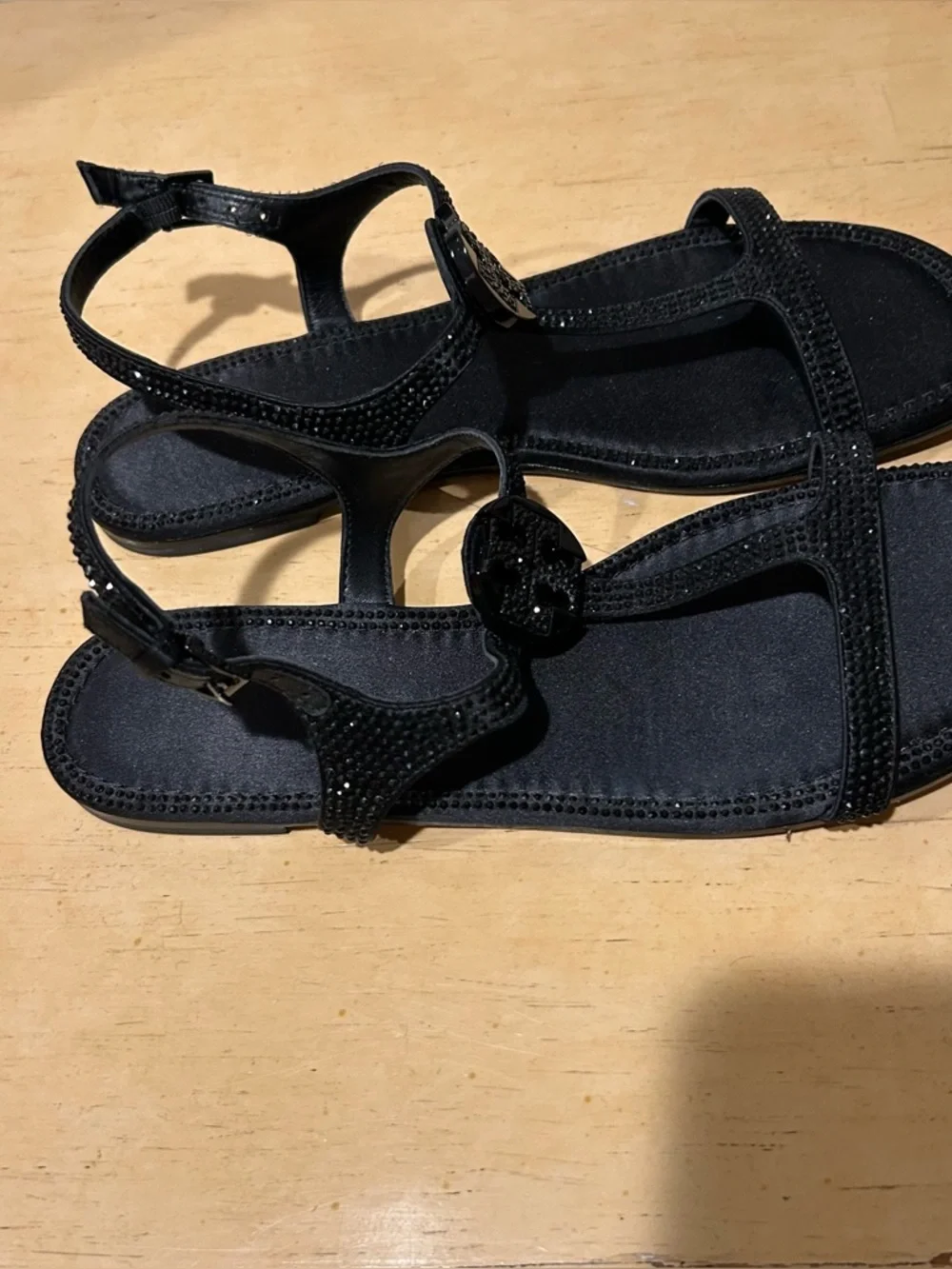 Tory Burch Delphine Crystal embellished black flat sandals in size 8